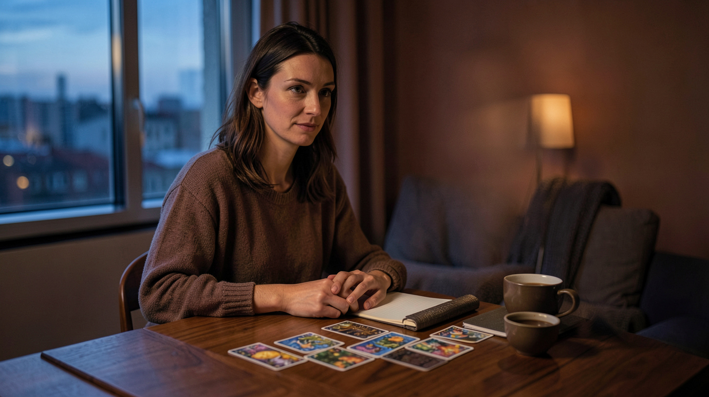 Femme réfléchissant devant un tirage de tarot dans une lumière chaude