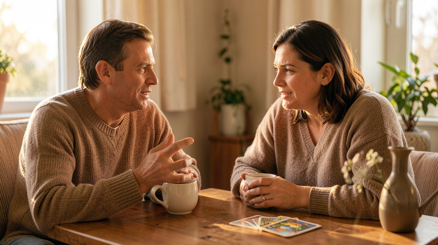 Deux mains posées près de tasses de thé pendant une conversation sereine