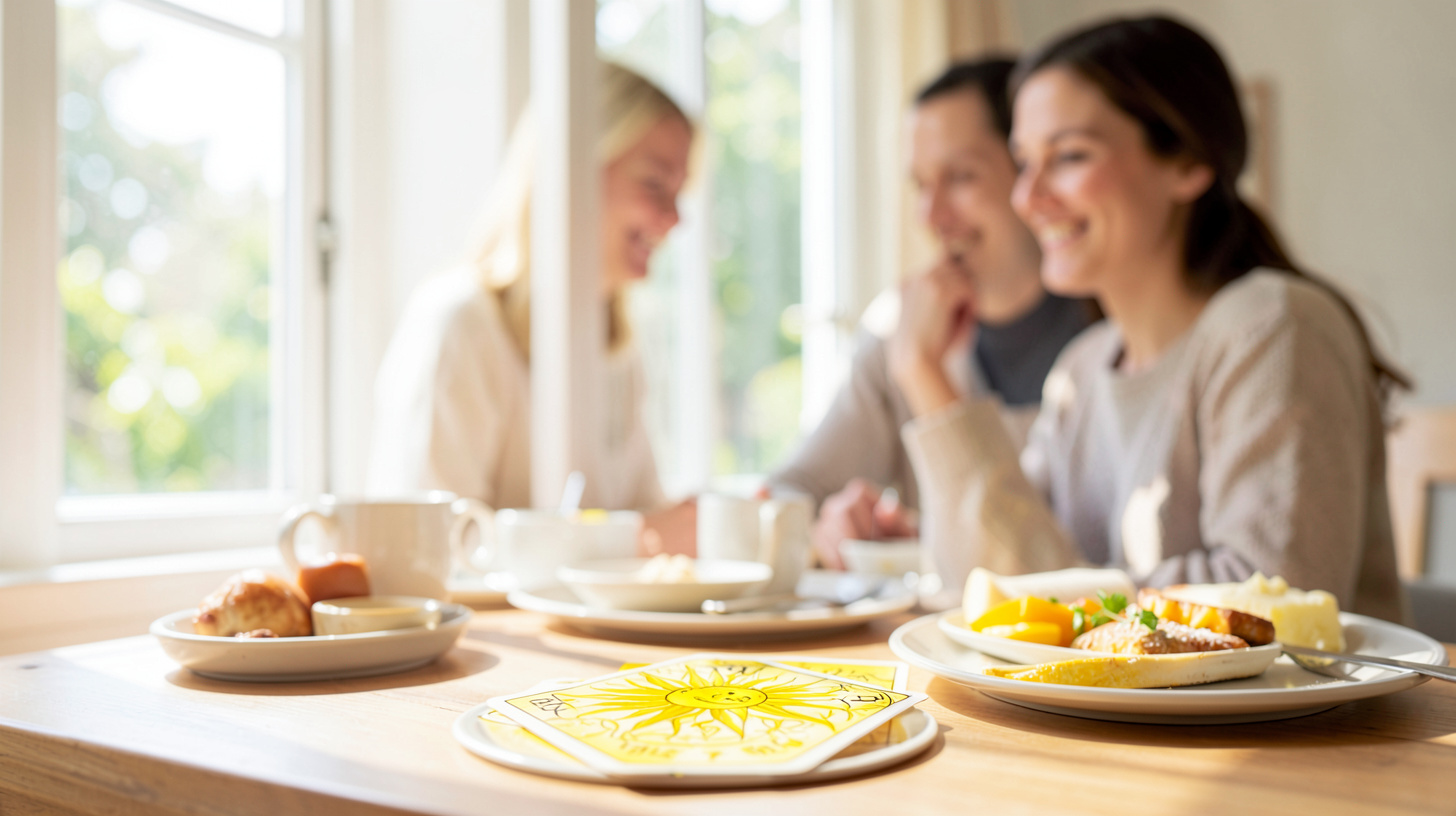 Table lumineuse avec une carte inspirée du Soleil et deux personnes en arrière-plan