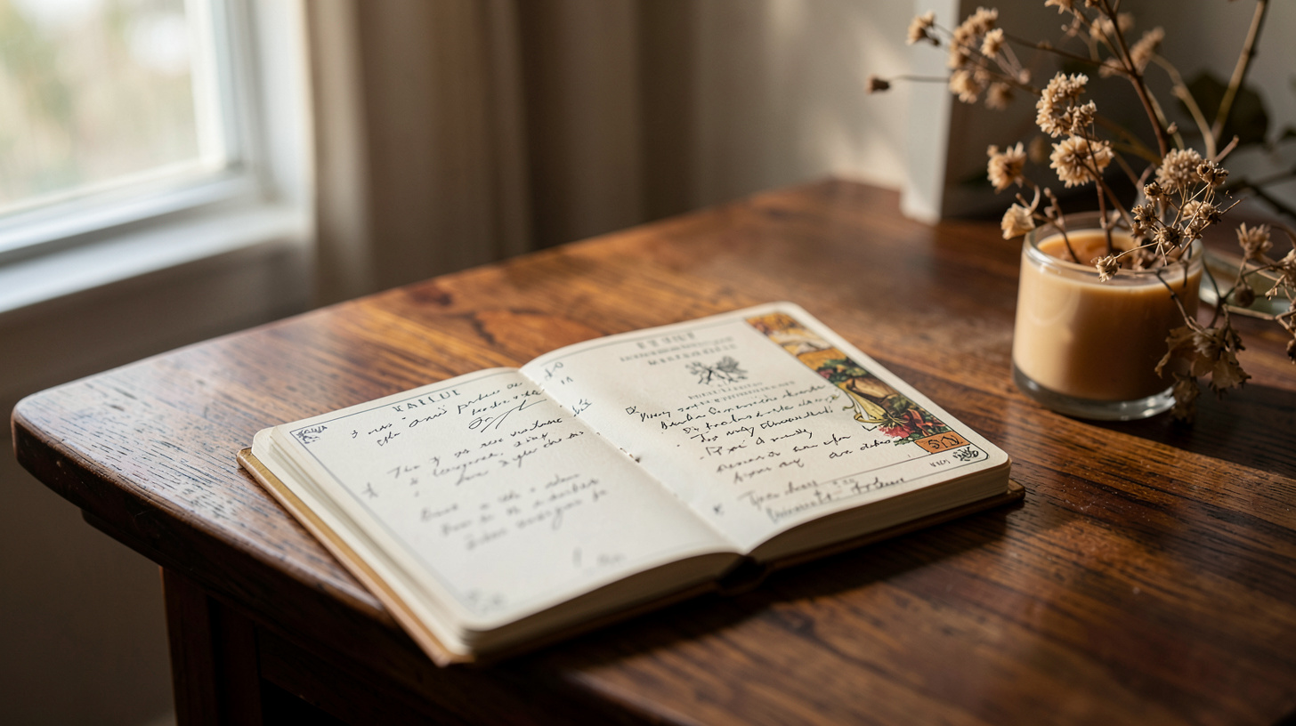 Jeu de tarot et carnet sur une table près d’une fenêtre, ambiance intime et apaisée