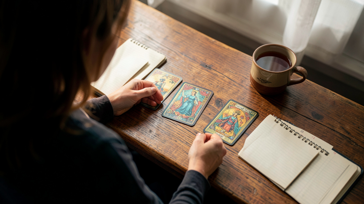 Tirage 3 cartes amour disposées sur une table en bois