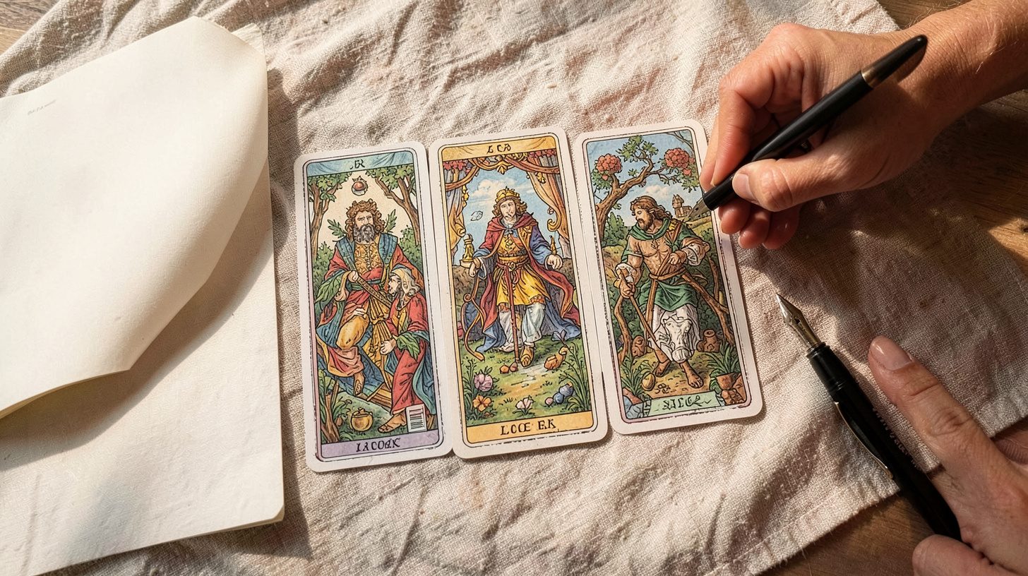Tirage de cinq cartes de tarot avec carnet et stylo sur un tissu en lin