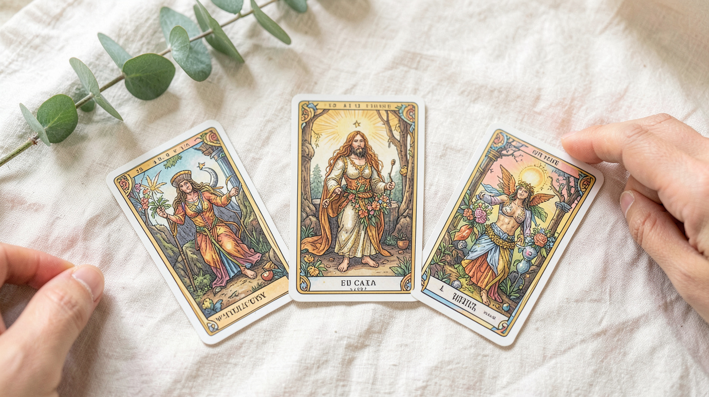 Cinq cartes de tarot disposées en arc sur une table claire