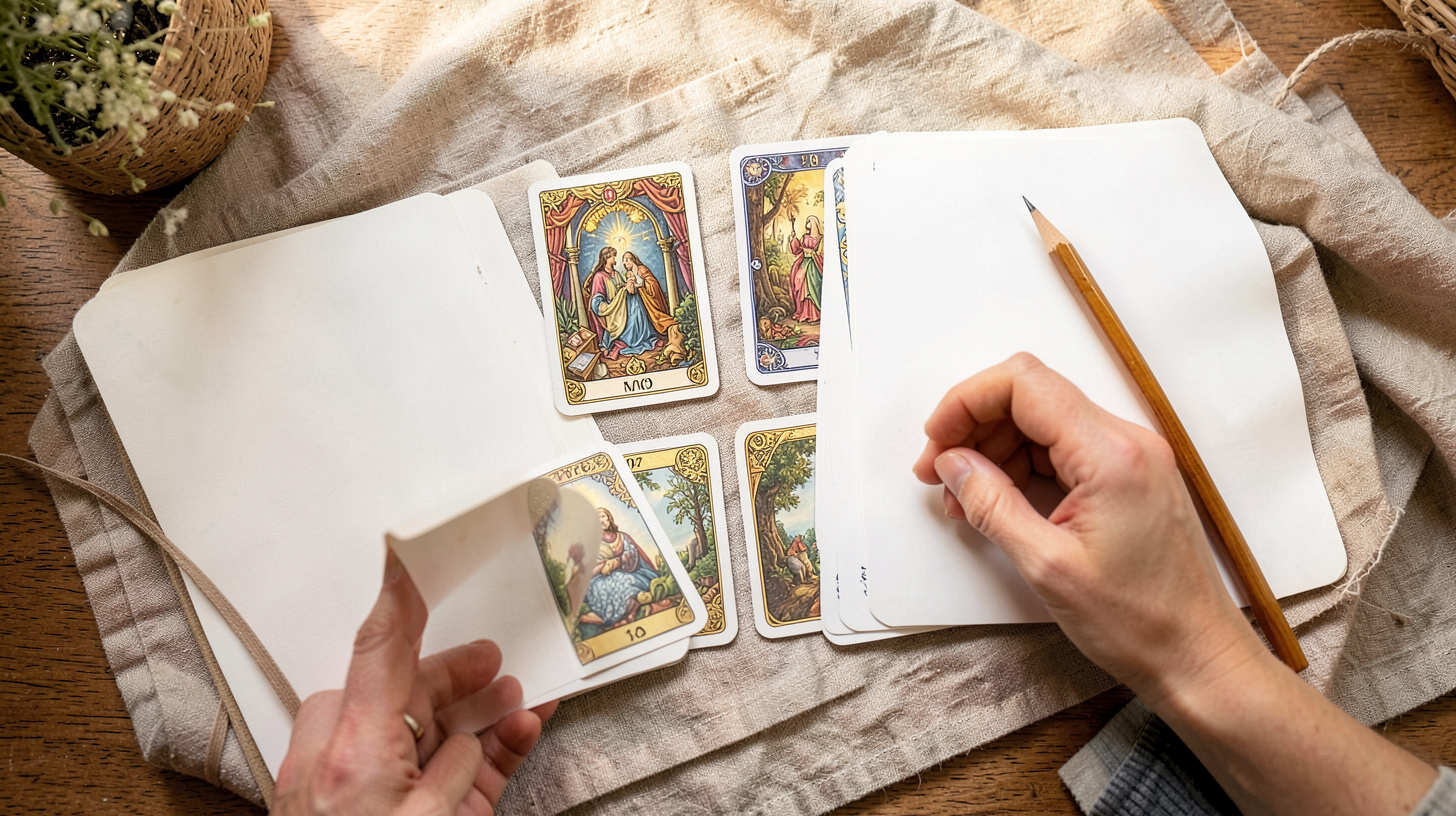 Quatre cartes de tarot disposées avec un carnet ouvert et un crayon