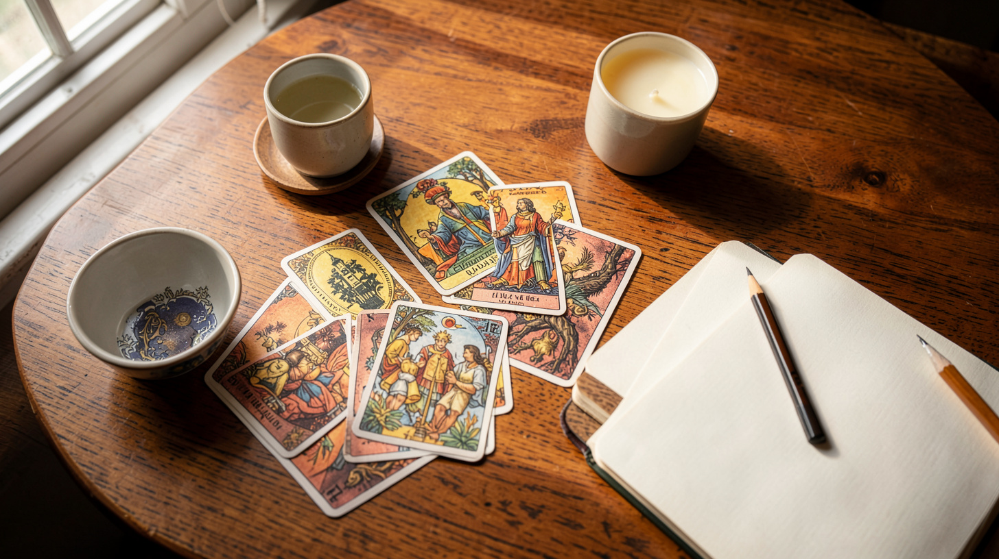 Tirage de tarot sur une table en bois avec bougie et carnet